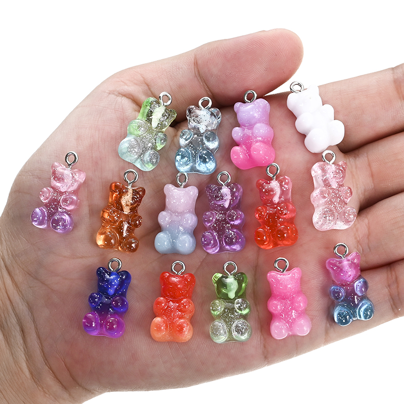 50Pcs 21mm*11mm Bear Charms Resin Cabochons Glitter Gummy Candy Necklace Keychain Pendant DIY Making Accessories