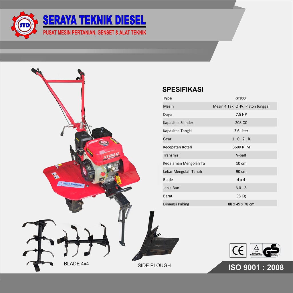 TRAKTOR KEBUN TIGER GT800 / TRAKTOR SAWAH / TILLER MACHINE TIGER GT800