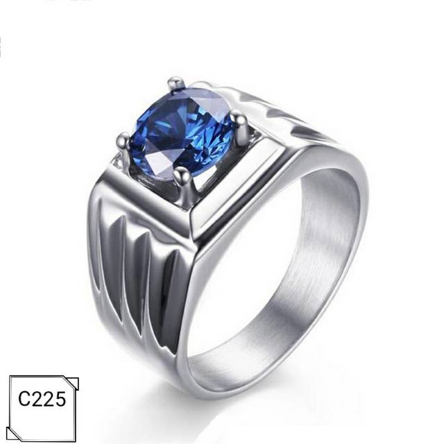 Cincin Pria Titanium Lapis Emas Putih 18K Batu Cubic Zirconia AAA Blue Black C225