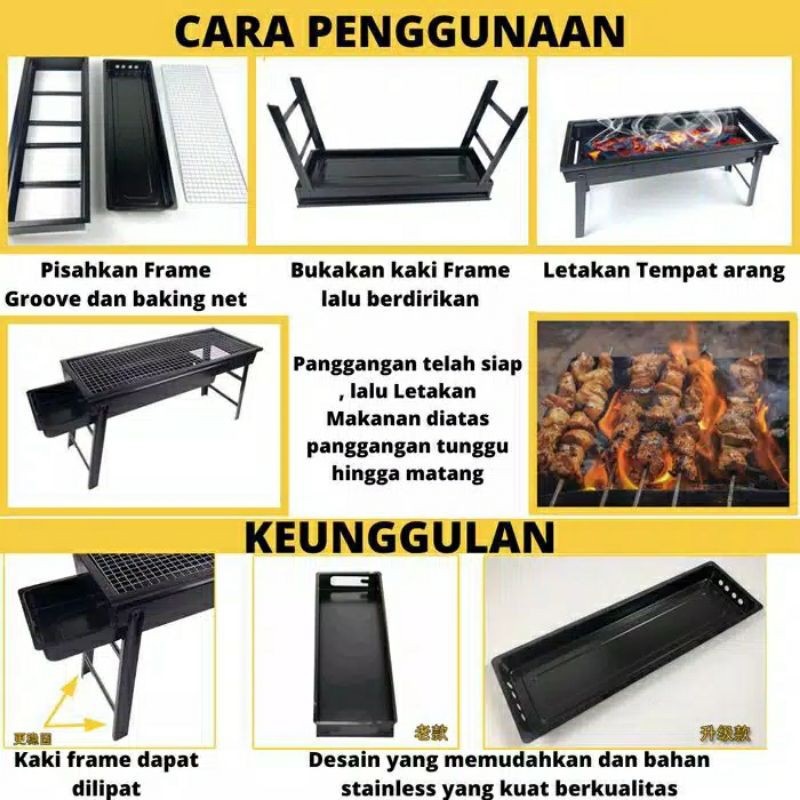 Long Portable BBQ Grill - Alat Panggang Barbecue Portabel FREE SET TUSUKAN - Panjang 60 cm - Kaki Bisa Dilipat