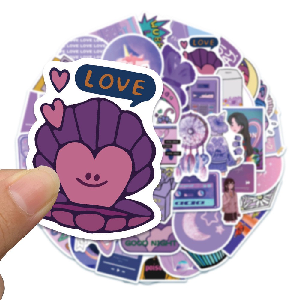 【COD Tangding】50pcs/set Purple Cute Girl Cartoon Hand Account Stickers INS Laptop Suitcase Waterproof Stickers