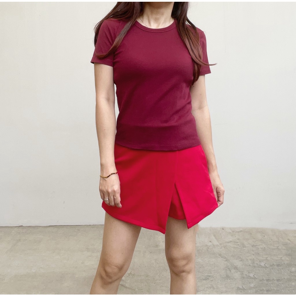 SL368 - Atasan Short Sleeves Maroon Wanita Basic Cotton Stretch Adem