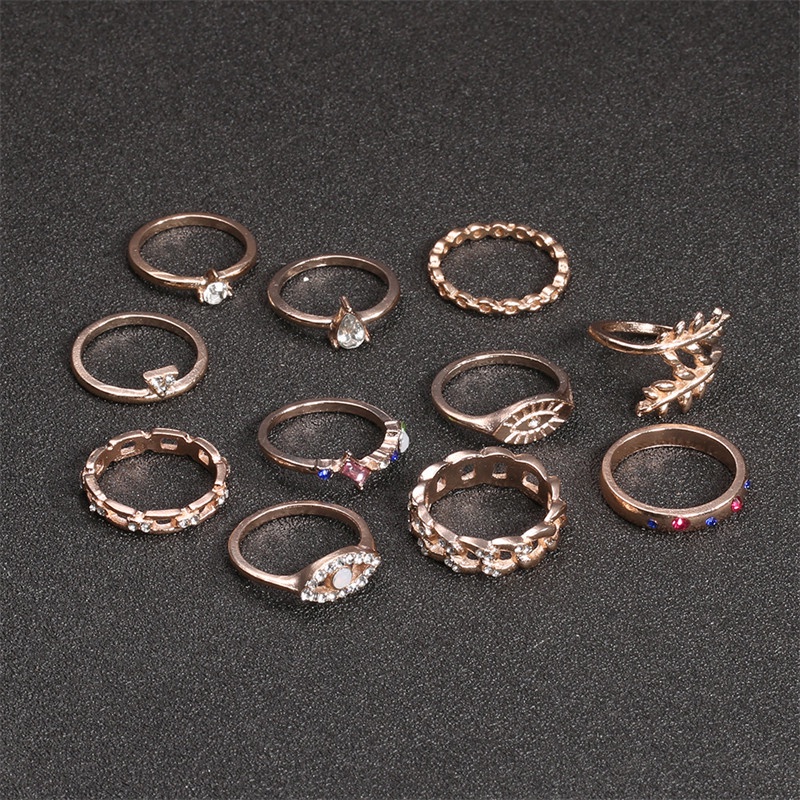 11pcs / Set Cincin Knuckle Berlian Imitasi Opal Bentuk Tetesan Air Warna Emas Untuk Wanita