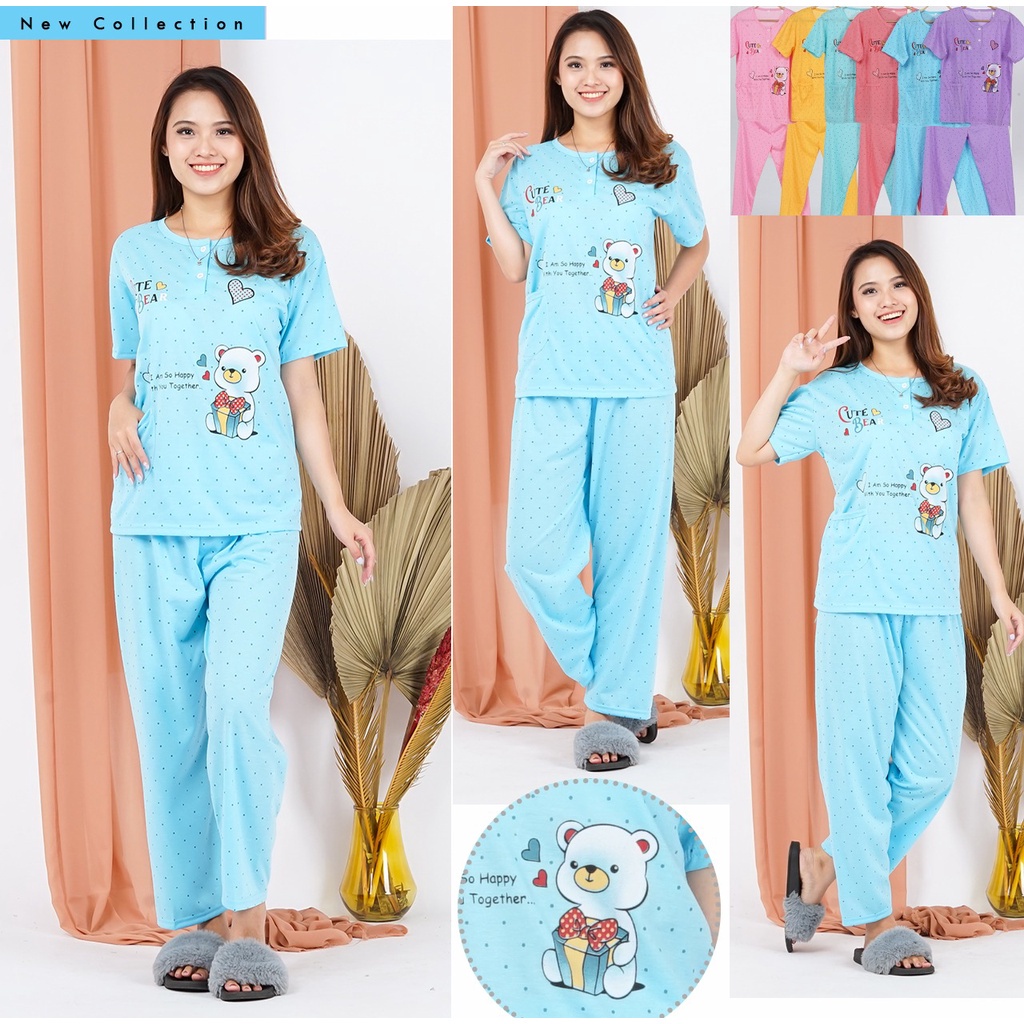 Lilipop.id  Baju Tidur Wanita CP Cute Bear Setelan Piyama BabyDoll Kaos Celana Panjang