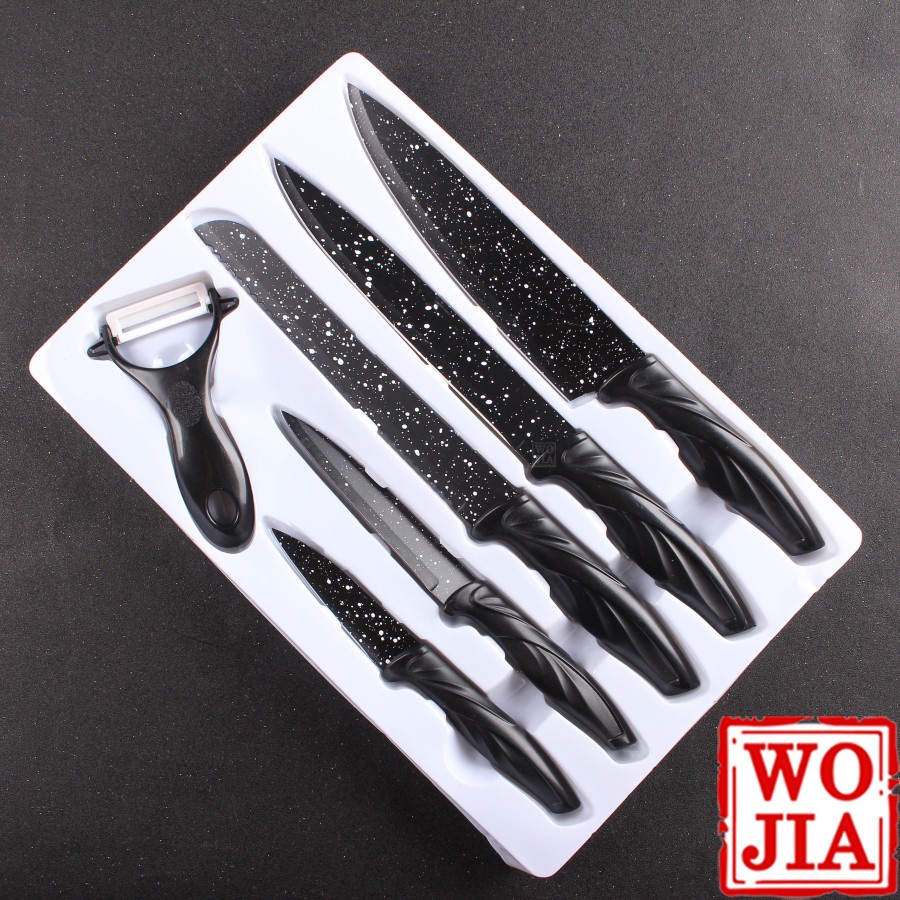 Pisau Dapur Hitam Set 6 pcs Black Stainless Steel Kitchen Knife Peeler