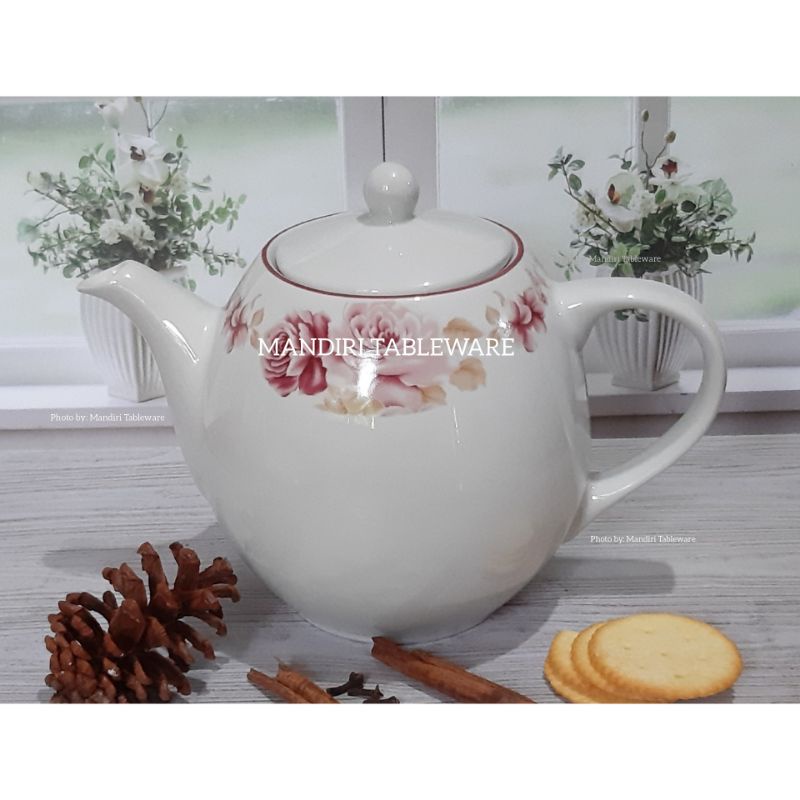 Teko Keramik 1 Liter | Tea Pot | Motif Pink Rossie