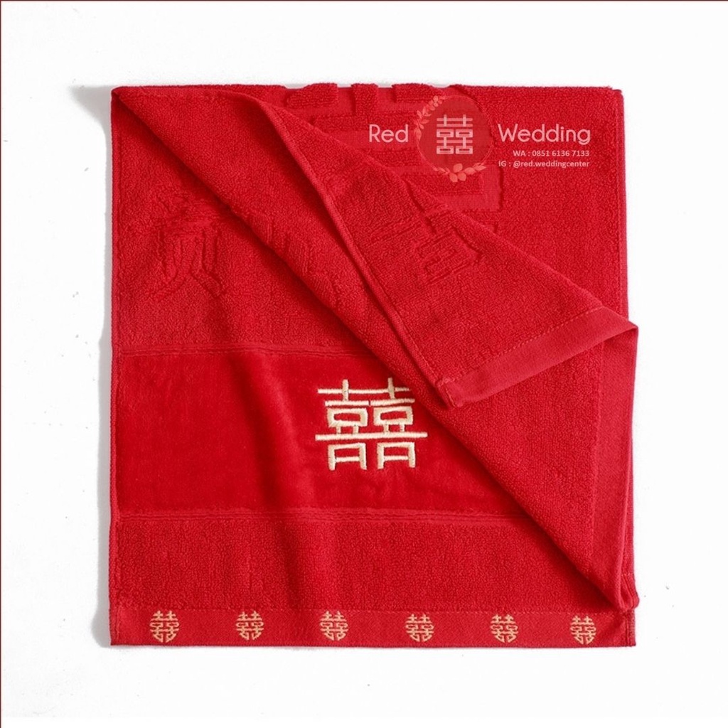 SEPASANG Handuk Merah tema Wedding Dengan Bordir Tulisan ShuangXi Double Happiness (TANPA BOX)