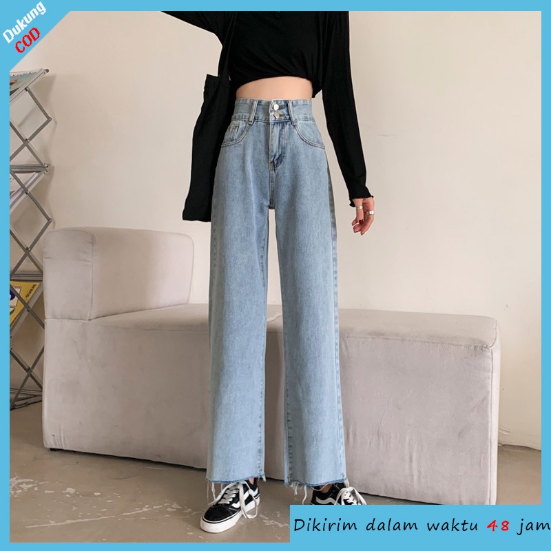 [chaoo.id]Celana Jeans Lurus Retro Korea Wanita Longgar Kaki Lebar Pinggang TinggiJeans pinggang tinggi longgar kasual berkaki lurus wanita celana