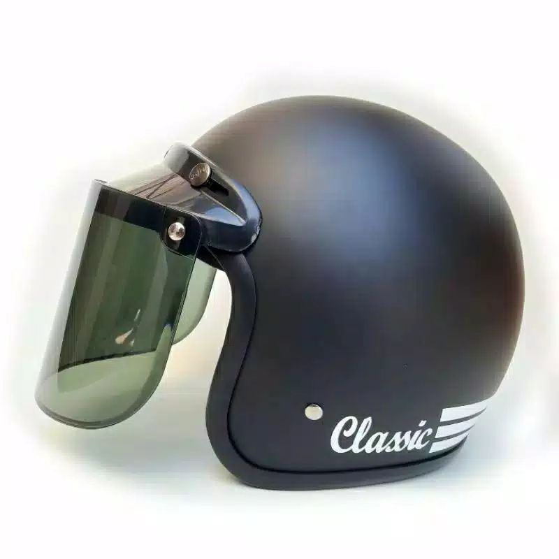 HELM BOGO DEWASA CLASIC GARIS HITAM DOP+KACA DATAR SMOKE FREE PACKING BUBBLEWRAP