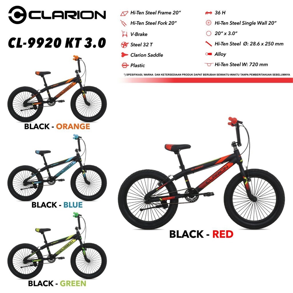 PROMO !!! Sepeda Anak BMX 20 Inch Murah CLARION CL-9920 KT New Steel Hi-Ten Ban Jumbo 3.0