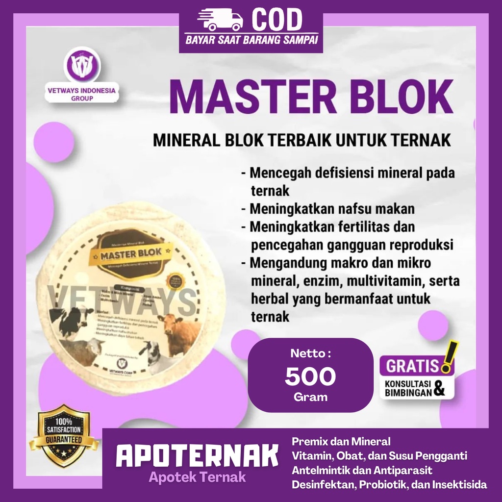 MASTER BLOK Vetways Premium 500 gr | Mineral Blok Original Kualitas Premium Untuk Sapi Kambing Domba | 500 gr | Apoternak