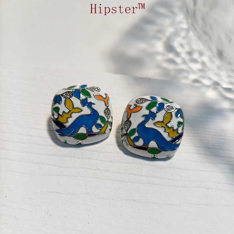 New Hot Fashion Classic Colorful Enamel Square Stud Earrings Painted Flower and Bird Stud Earrings