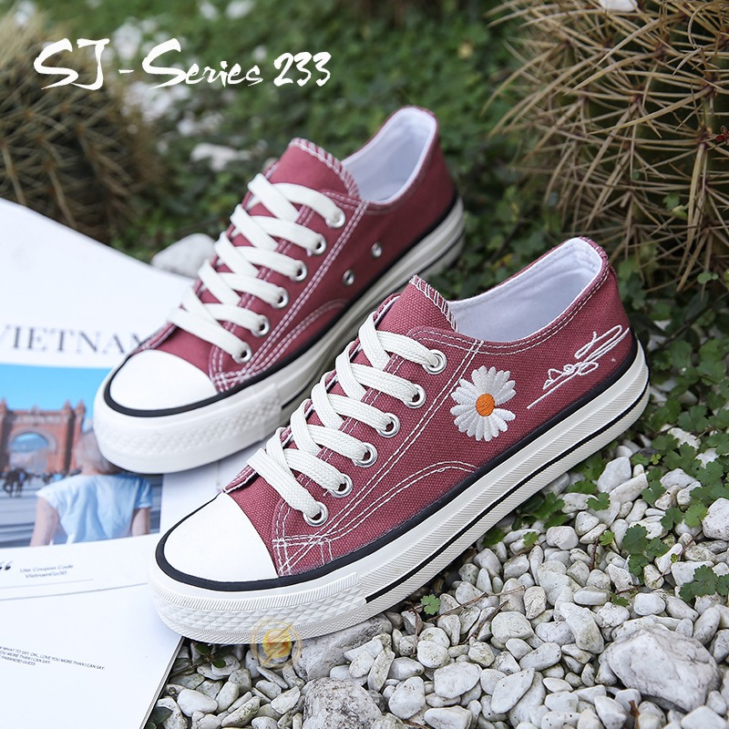 [Jwalk] Sepatu Sneakers Wanita Casual Motif Daisy ala Korea Import Kualitas Super Premium - 233-RED