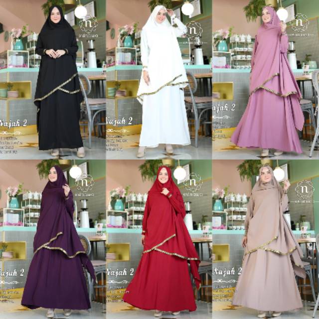 An Najah 2 Baju Gamis Syari Syar'i Set Khimar Super Jumbo Polos Putih Hitam Renda LD 105 Busui Murah