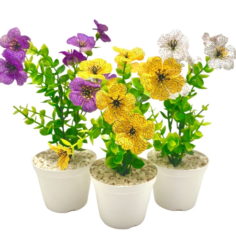 Paket Pot Batu + Bunga Petunia Hias - Dekorasi Daun Bunga Hias PLASTIK - Pot Bunga - Tanaman Hias Ar