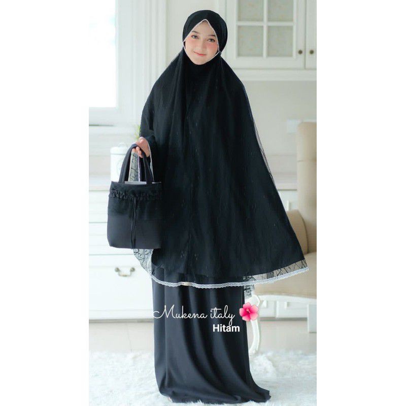 Ready Mukena mewah  Italy Delanova original Hitam