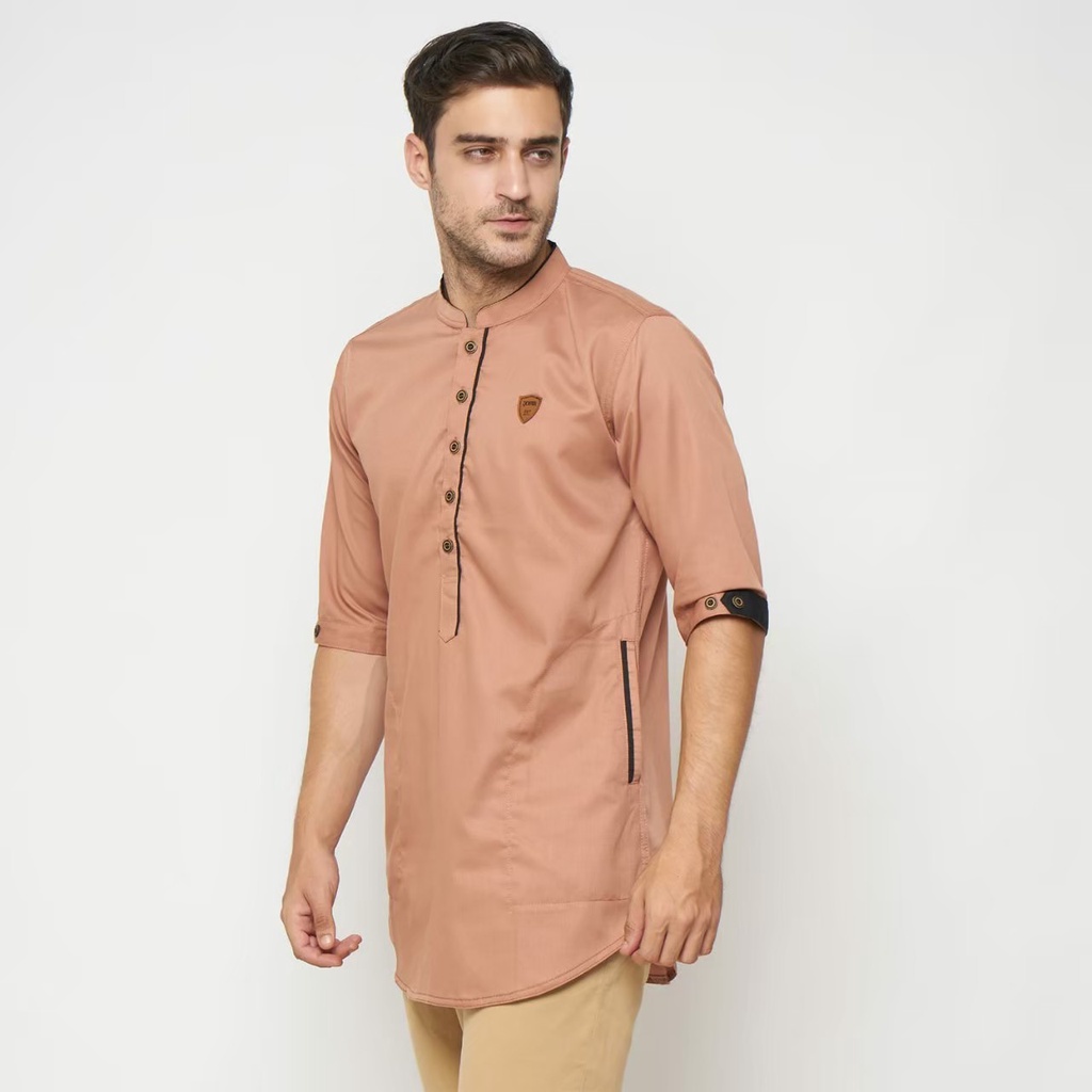 Qoswa Baju Koko Muslim Pria Dewasa Lengan 3/4 Toyobo Fodu Peach Salem