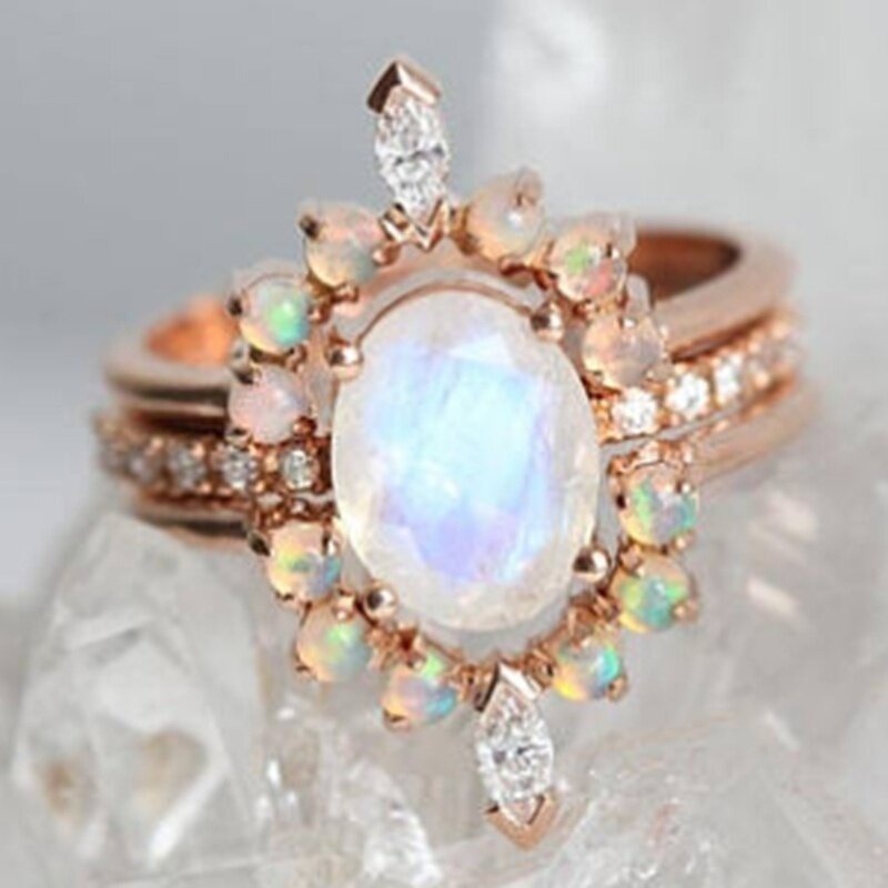 Cincin Zircon Opal Bulat Warna Rose Gold Untuk Wanita