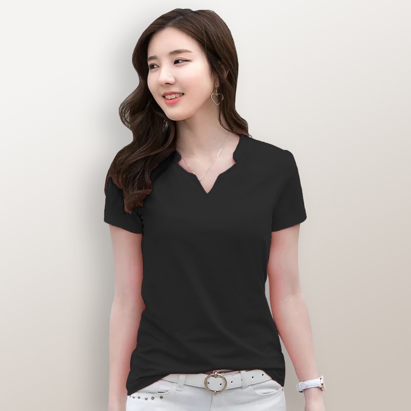 Kaos Lengan pendek wanita Gaya Korea variasi Leher V - TheXshop Alpha