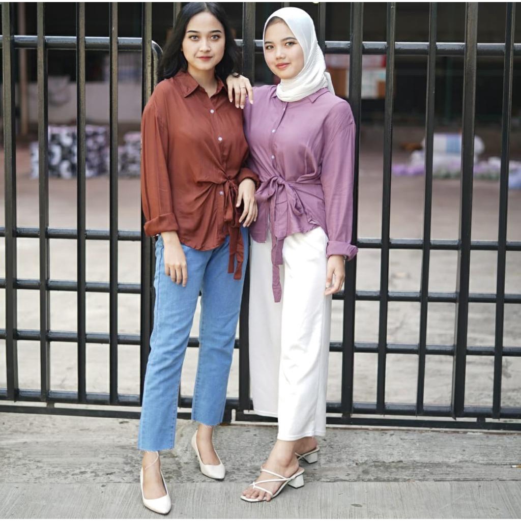 Tq88indonesia Kemeja Polos Wanita Lengan Panjang / ARYA RAYON DIAMOND BOW SHIRT / Kem Ikat / Ootd