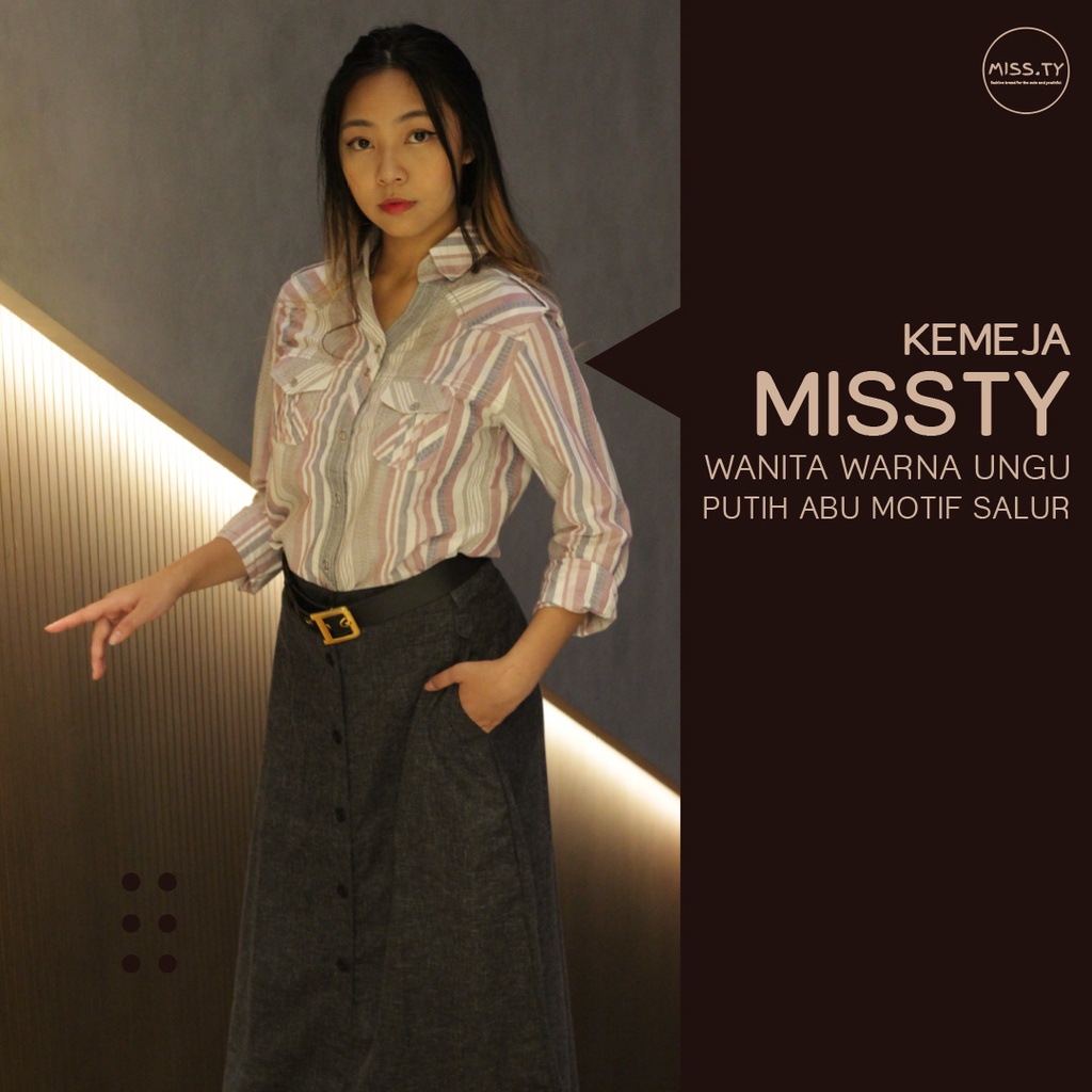 Kemeja Missty Wanita Warna Ungu Putih Abu Motif Salur (Kalmia 138)