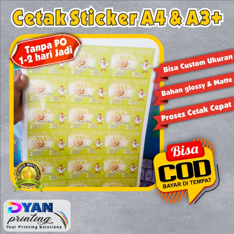 COD/BAYAR DITEMPAT CETAK STICKER UKURAN A4 &amp; A3