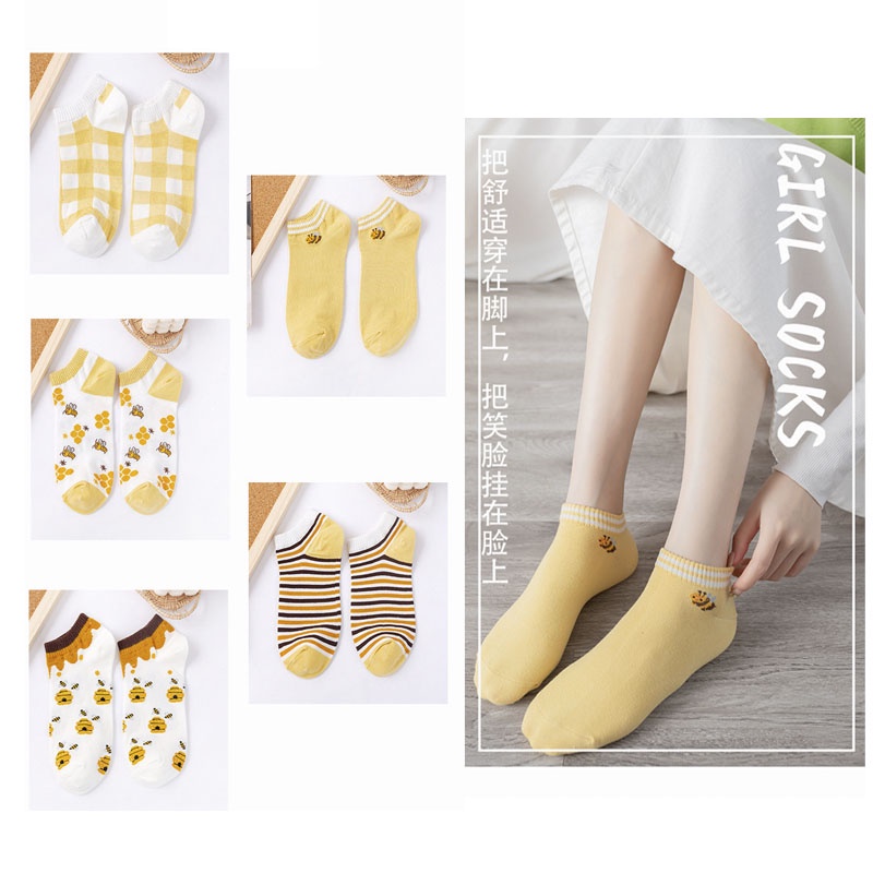 Kaos Kaki Wanita Fashion Motif Lebah | Kaos Kaki Pendek Korea Socks Import