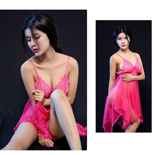 Lingerie Wanita Sexy Piyama transparan Nightdress Set G String A125-fuchsia