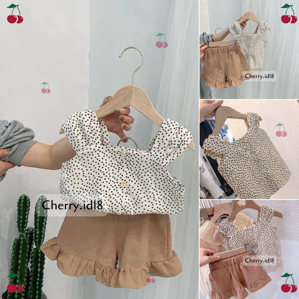 (0-3 Tahun) Setelan Anak Perempuan Tanpa Lengan Motif Polka / Warna Celana Coklat Tua / Baju Anak Perempuan Polkadot - SP08