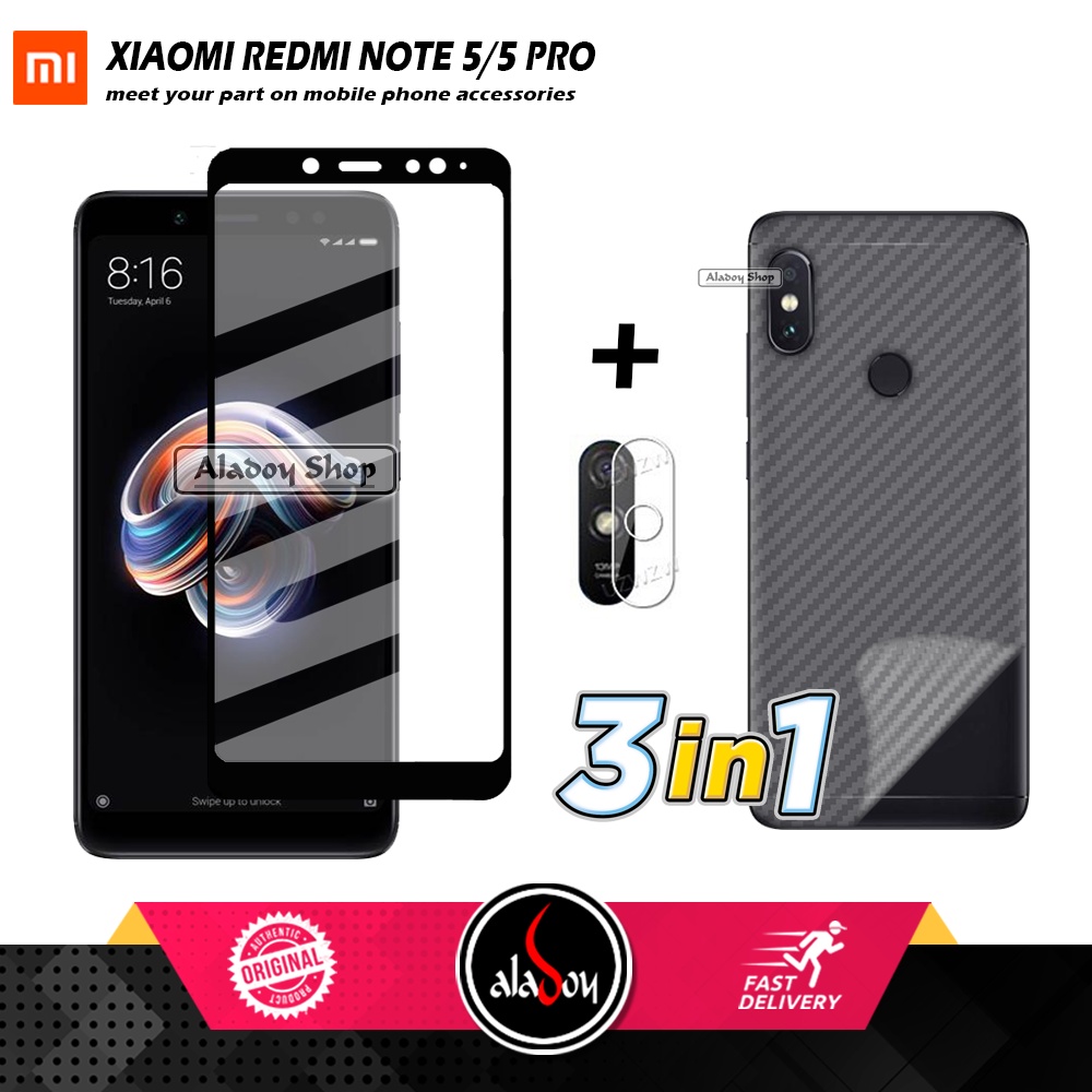 PAKET 3 IN 1 Tempered Glass Layar Xiaomi Redmi Note 5 / 5 Pro Free Tempered Glass Camera dan Skin Carbon