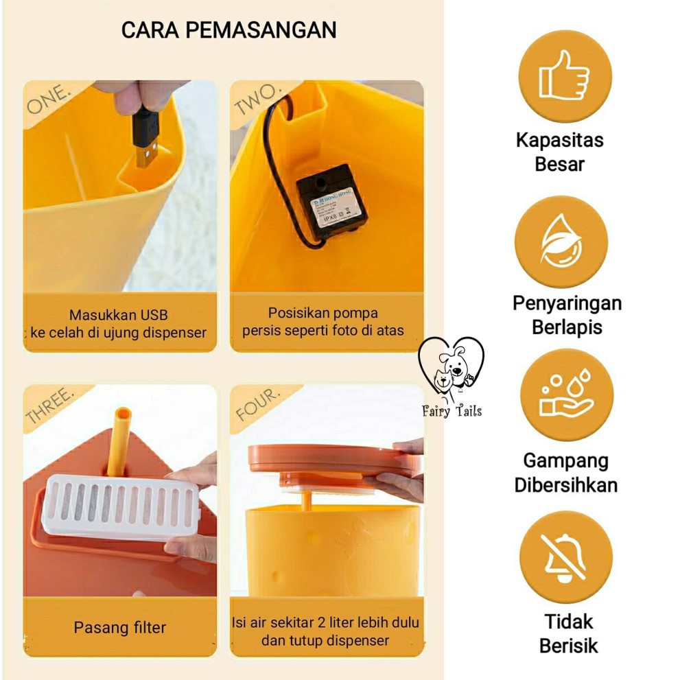 Pet Water Dispenser Fountain + LED/Tempat Wadah Minum Air Mengalir/Air Mancur Hewan Kucing Anjing (Keju)