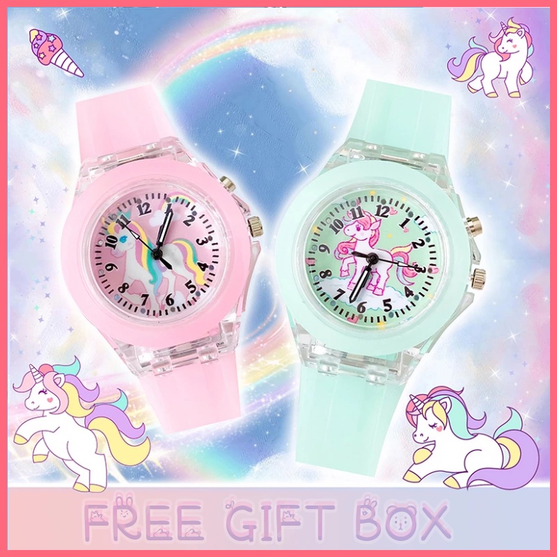 Jam Tangan Anak anak Unicorn Kartun Balita Mainan Bayi Jam Tangan Pelangi Kuda Gadis Bercahaya Berkedip Lampu Elektronik Jam Tangan