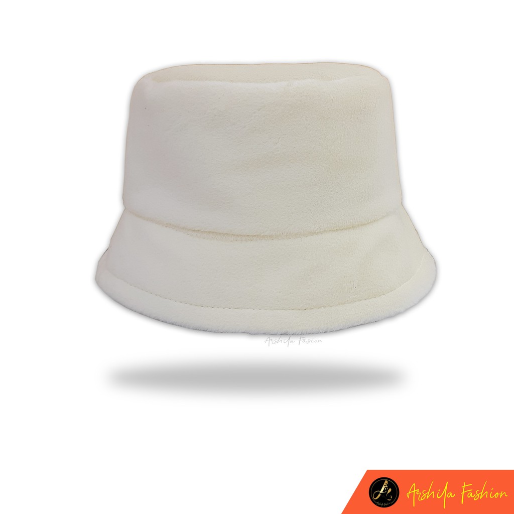 Topi Bucket Wanita Bahan Bulu Lembut Hangat Motif Polos by