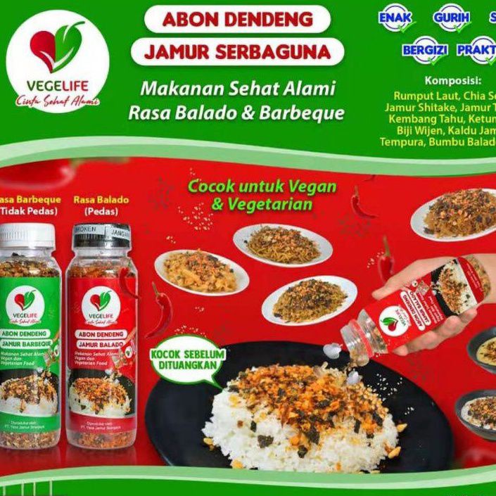 

Abon Dendeng Vegelife Makanan Vegetarian Rasa Jamur BBQ dan Balado