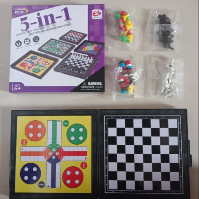5 in 1 Magnetic Board Game Catur Ludo Ular Tangga Halma dan Checkers
