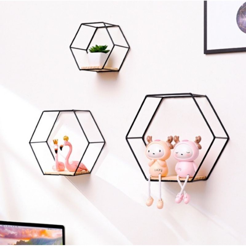 aiRustic - Rak Dinding Hexagonal 3 Dimensi 1 set (3pcs) besar kecil sedang - Rak besi segienam