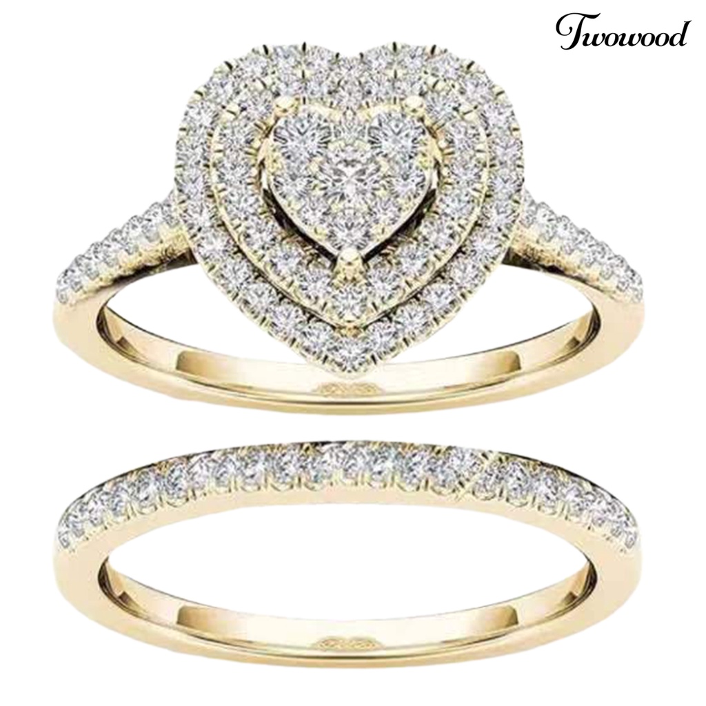 2pcs / Set Cincin Berlian Imitasi Bentuk Hati Bahan Alloy Untuk Pengantin Wanita