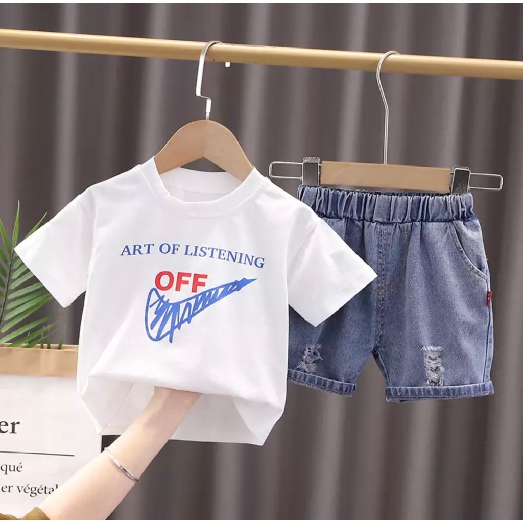 PROMO SETELAN BAJU ANAK TERBARU MOTIF LISTENING CELANA DENIM PENDEK 1-5 TAHUN SETELAN BAJU ANAK LAKI LAKI DAN PEREMPUAN TERBARUU