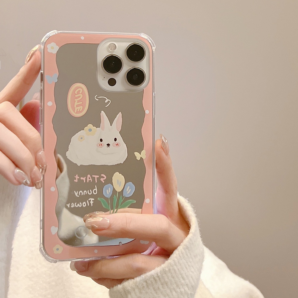 ins Makeup Mirror Shock Proof Soft Case IP Iphone 7 8 Plus X XR XS Max IPhone 11 Pro Max 12 13 Pro Max SE 2020 12 13 mini Cutee Pink Bunny rabbit Casing