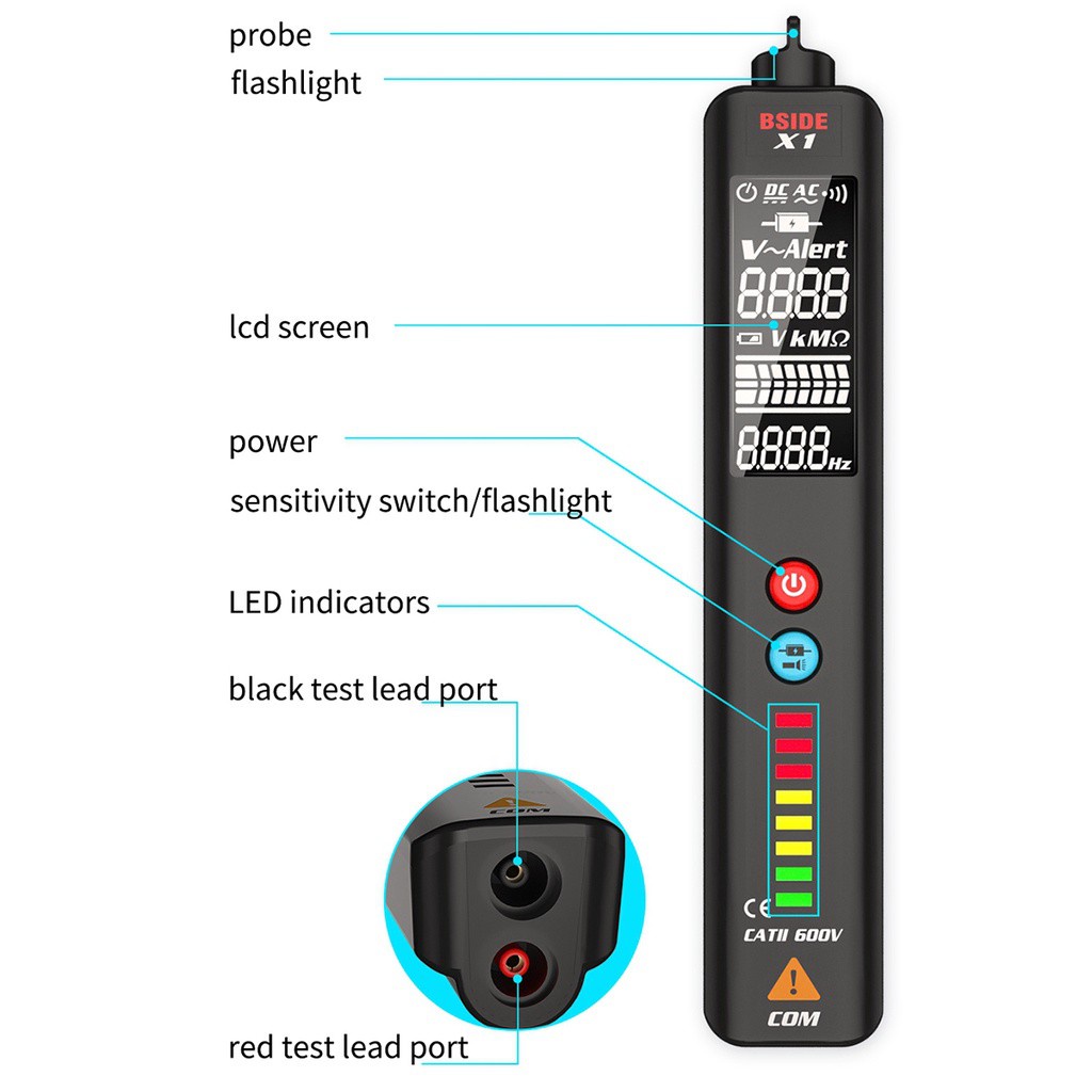 Pena Detektor Tegangan Listrik Ac / Dc Ncv Hz Adjustable Non Kontak Dengan Senter Layar Lcd