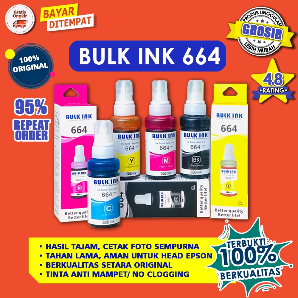 PROMO (LIVE) Tinta 664 Original Epson BULK INK Bulkink 100% Ori For Refil Ink Printer L121 L120 L360 L310 L220 L210 L300 L200 L1300 Head Aman 100%