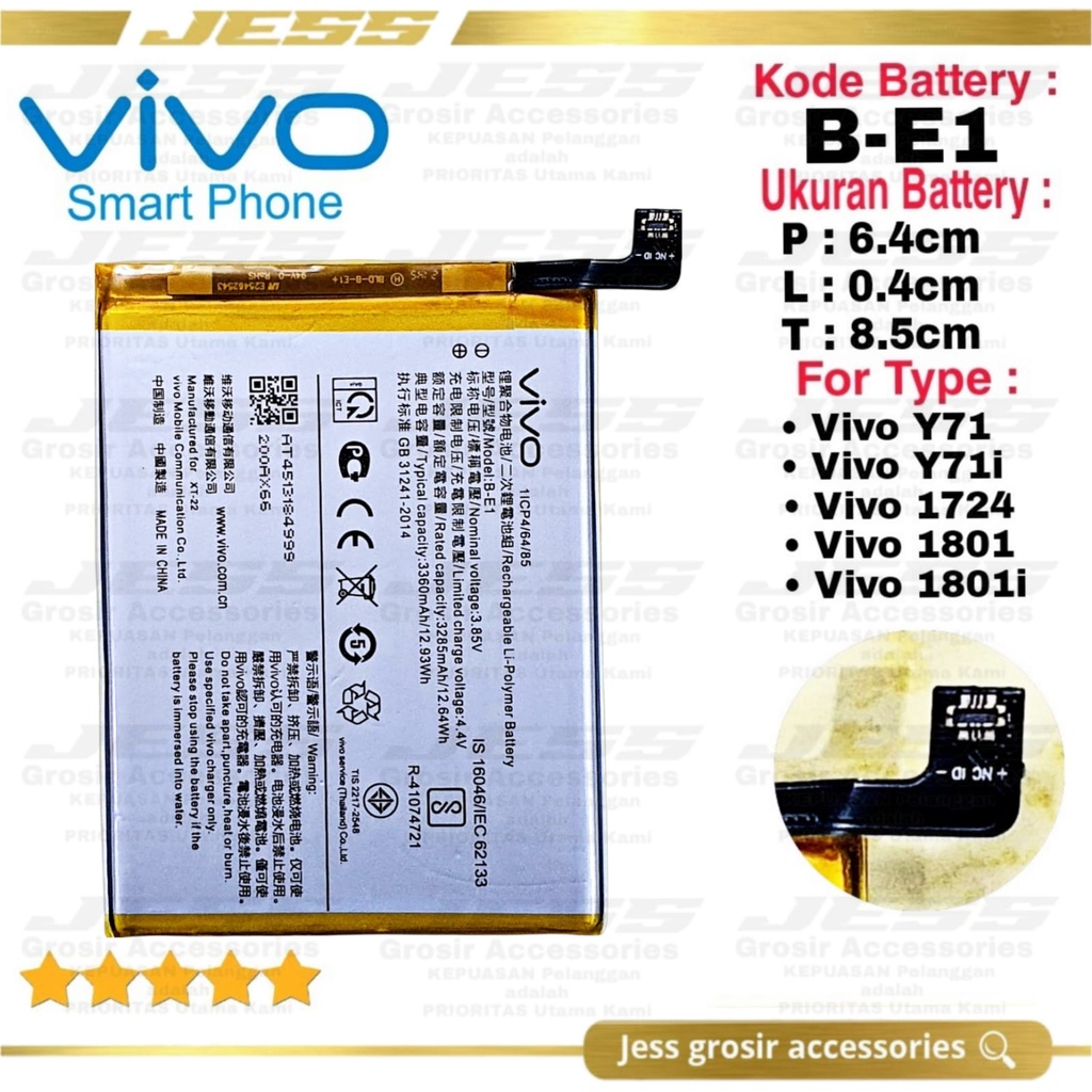 Baterai Original VIVO Kode Battery HP VIVO B-E1 BE1 For Type Batre Handphone Battery Vivo Y71 Vivo Y71i VIVO Y71 i Vivo 1724 Vivo 1801 Vivo 1801i