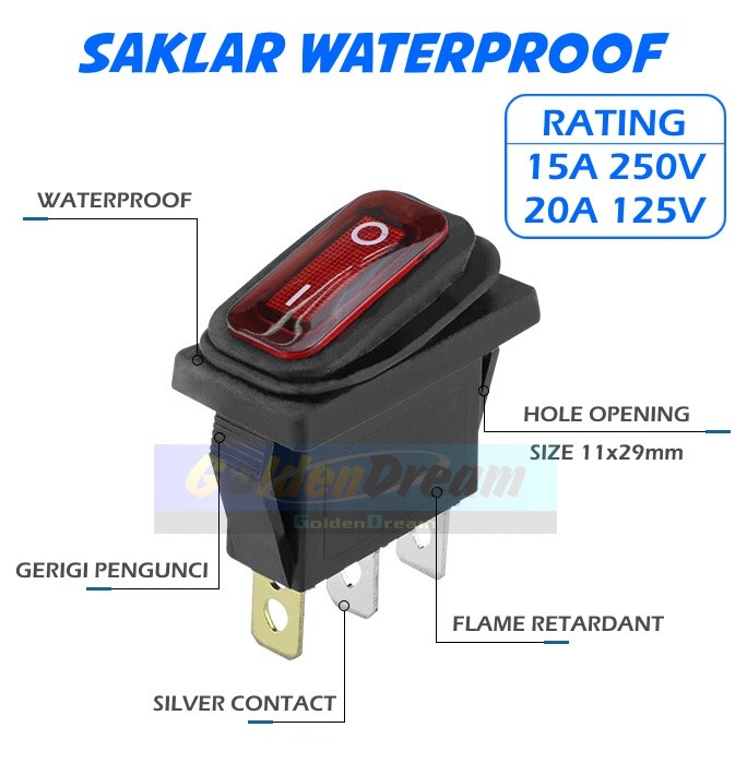 PRODUK BERKUALITAS Saklar Waterproof 34x17mm LED Anti Air Debu Minyak Karet Silicone - Merah **