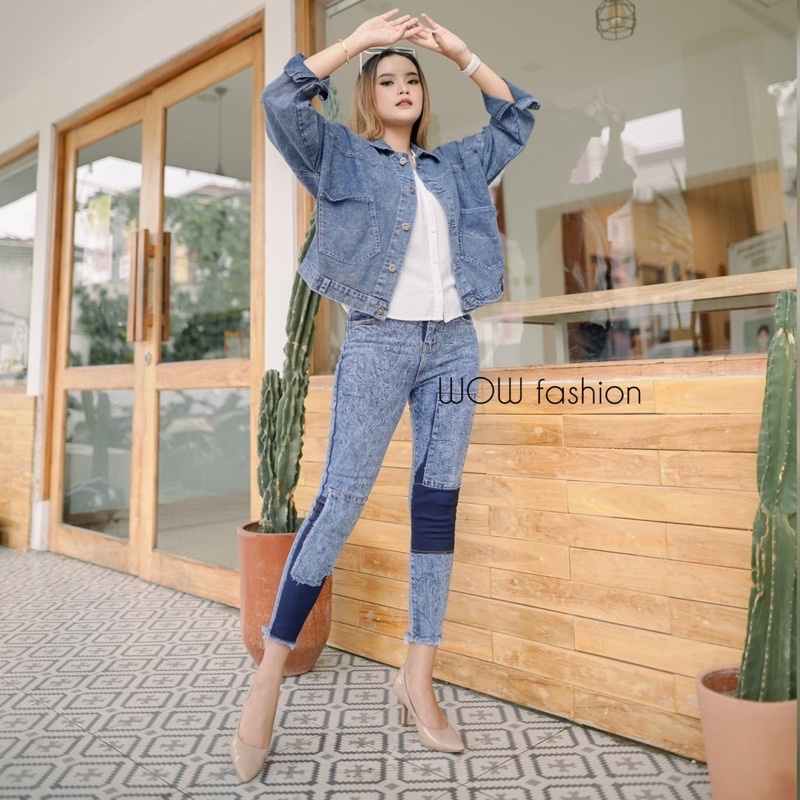 WOW-Mulan Celana Jeans  Highwaist Celana Jeans 7/9//Celana Wanita// Celana Kombinasi Wanita