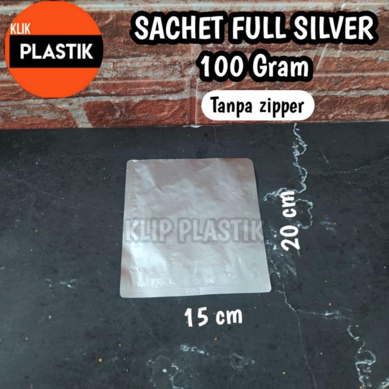 SACHET SILVER ALUMINIUM FOIL100 gr 15x20cm KPACK KEMASAN BUBUK KOPI MASKER BUMBU