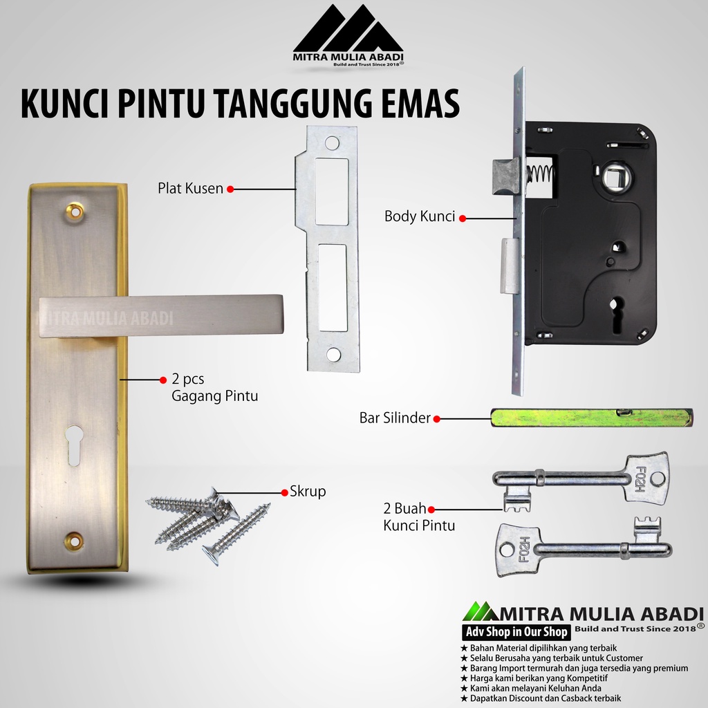 Kunci gagang Pintu Tanggung 20cm Full set Gold M-Class