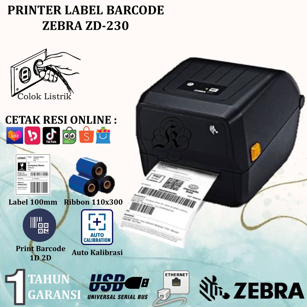 Zebra ZD230 Printer Barcode Transfer Thermal ZD-230 Cetak Sticker A6 Rumah Sakit/Apotek/Expedisi/Gelang Pasien/Tiket Waterpark