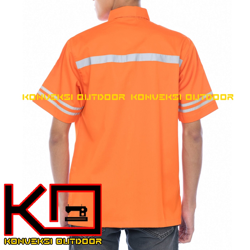 KEMEJA WEARPACK BAJU SAFETY K3 OUTDOOR INDOOR - Seragam Kemeja Kerja Lapangan Lengan Pendek Proyek Bangunan Tambang Alat Berat PLN Enginer Instalasi Mesin werpek sefti Scotlit Warna Orange Konveksi Outdoor