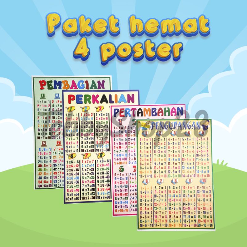 

Paket Hemat 4 Poster Edukasi anak,Poster penjumlahan, pengurangan perkalian dan pembagian,poster dinding