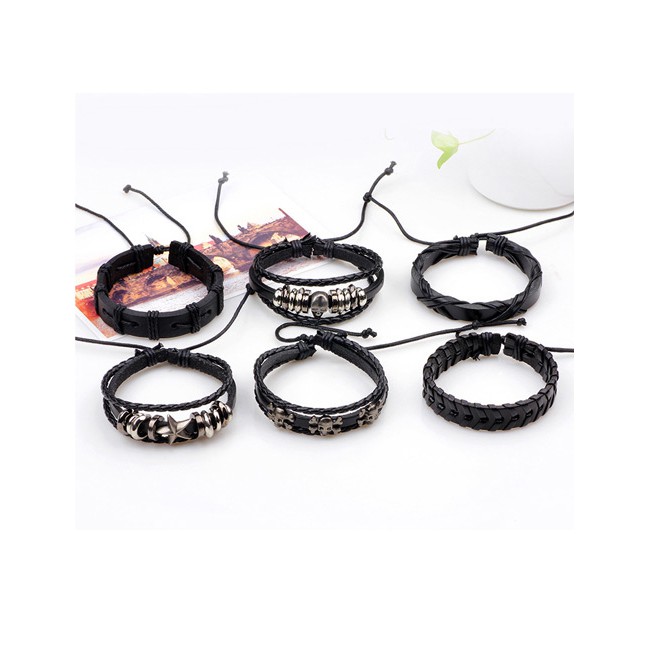 LRC Gelang Tangan Fashion Black Skull Decorated Pure Color Bracelet(6pcs)